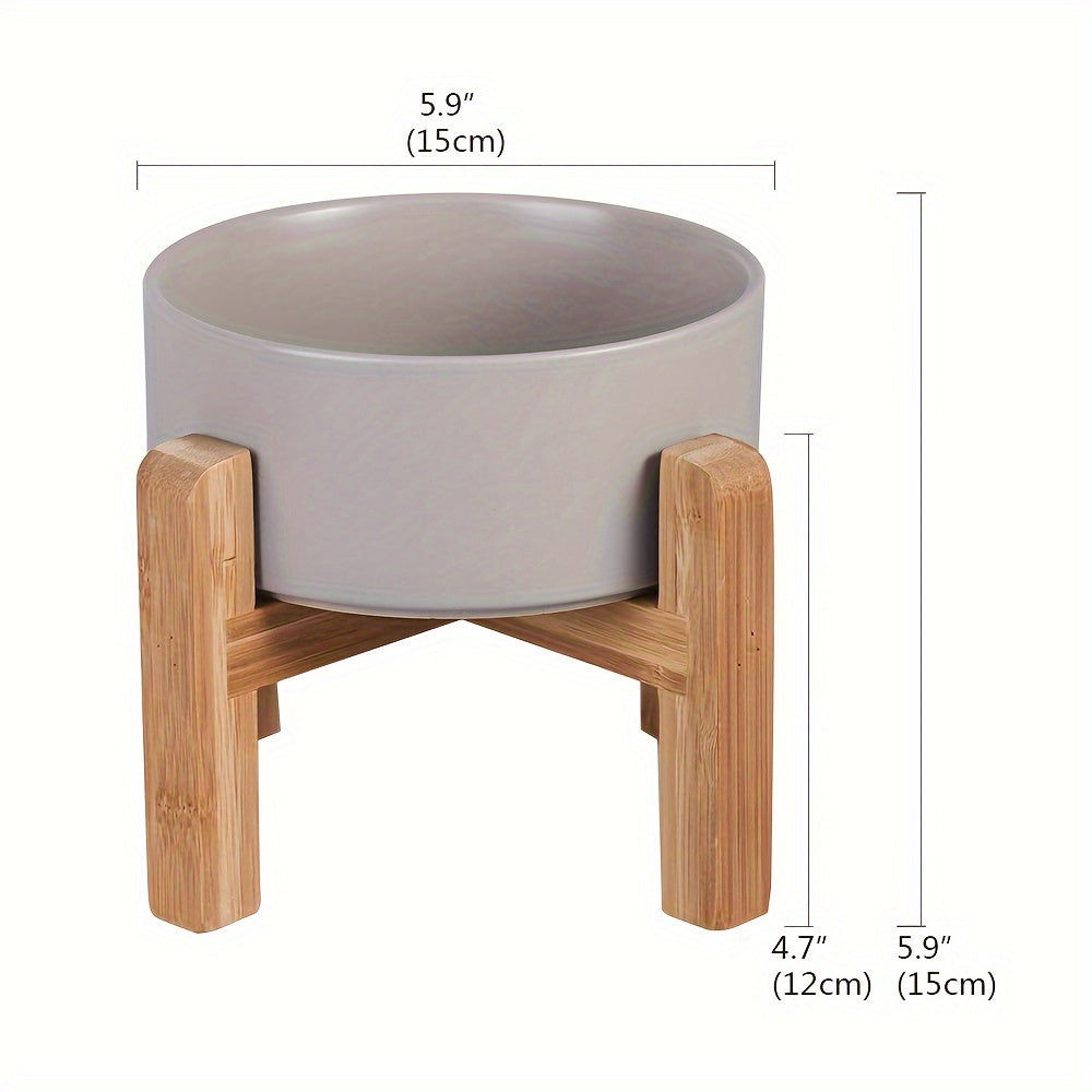Elevated Ceramic Pet Bowl with Wooden Stand 