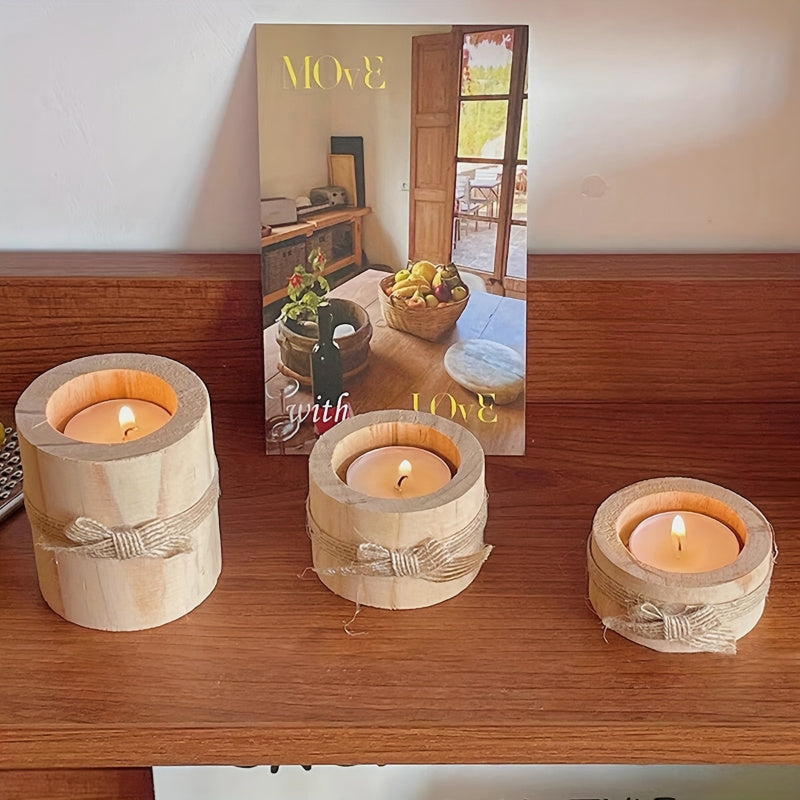 Rustic Wooden Candle Holders - Set of 3 Pine Candlesticks 