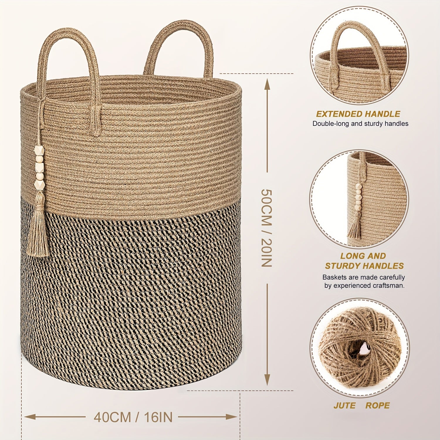 Foldable storage basket with beige and black handles 