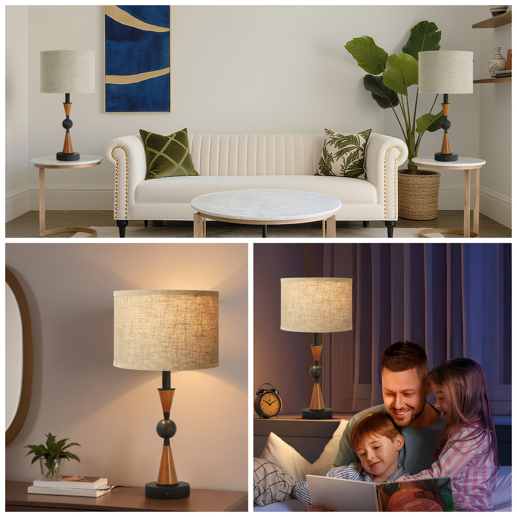 Lámpara de Mesa Doble USB-C y USB-A con Pantalla de Lino