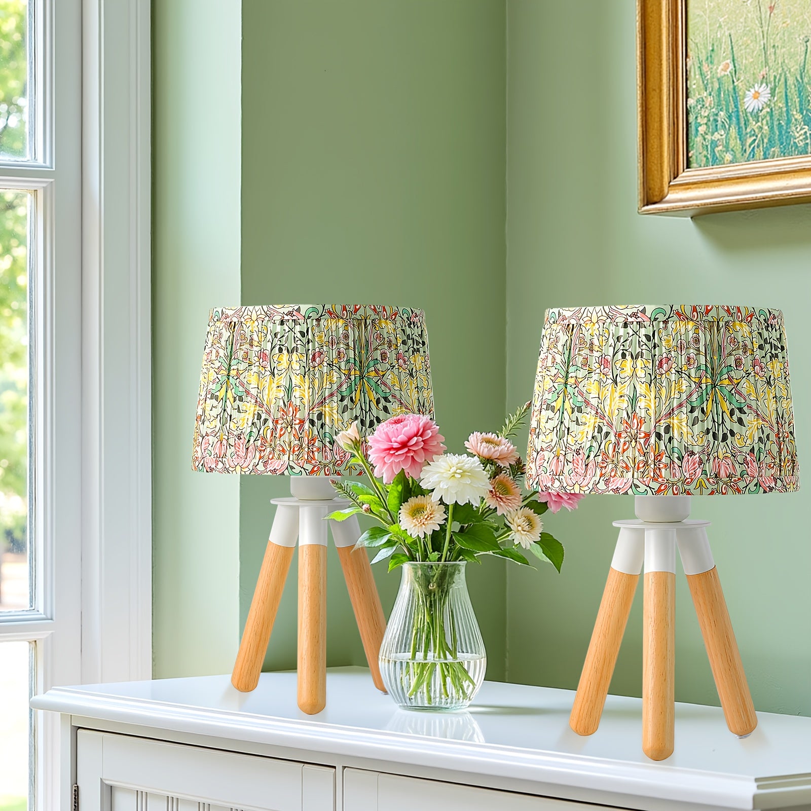Lámpara de Mesa Trípode de Madera con Pantalla Floral Verde, 14 Pulgadas