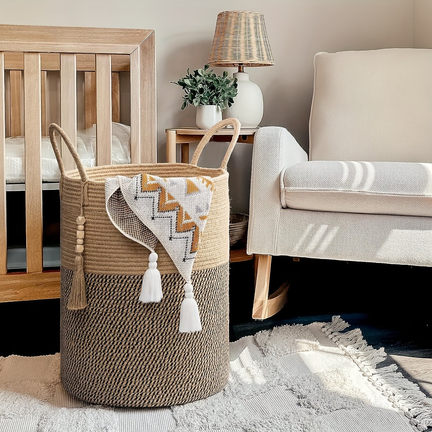 Foldable storage basket with beige and black handles 