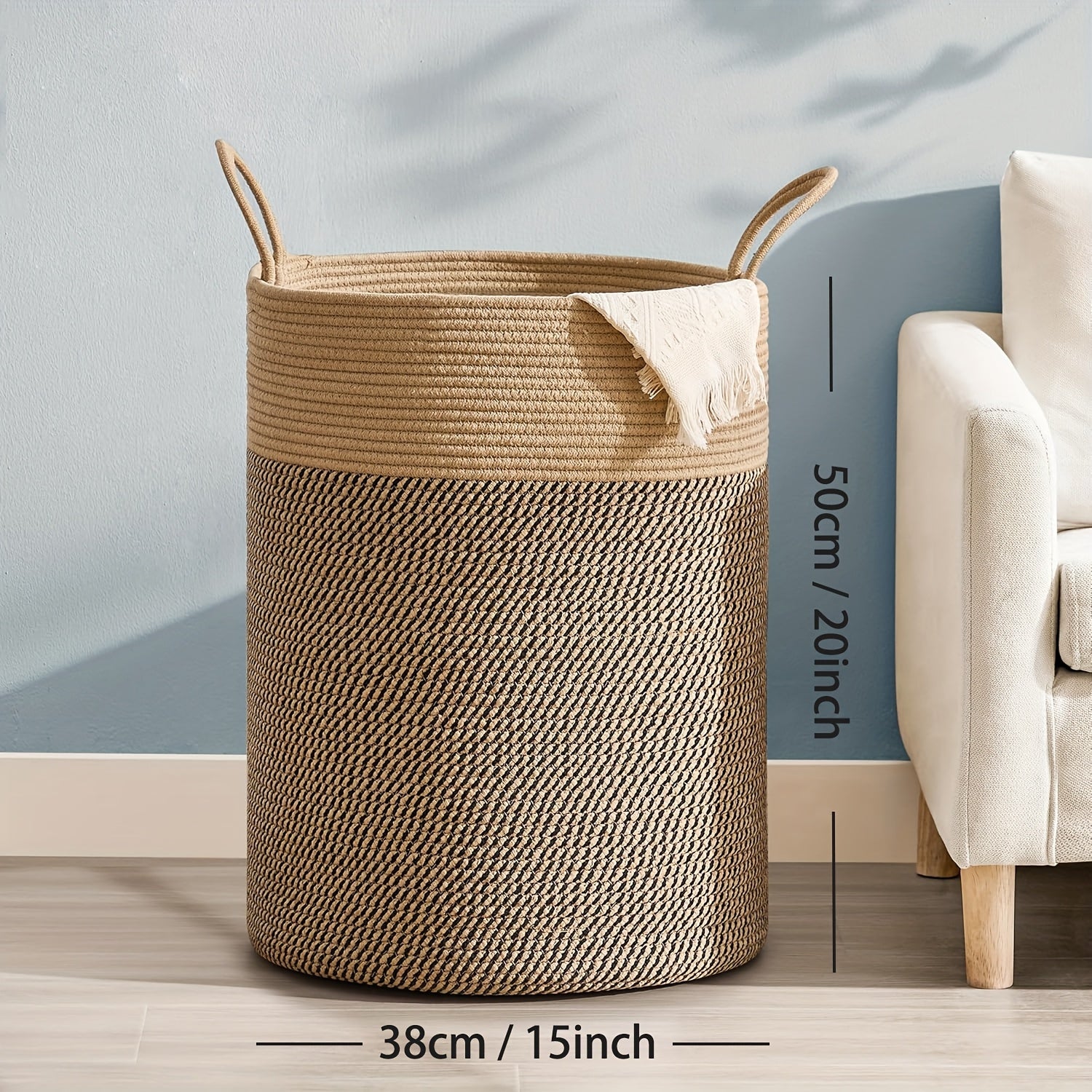 Foldable storage basket with beige and black handles 
