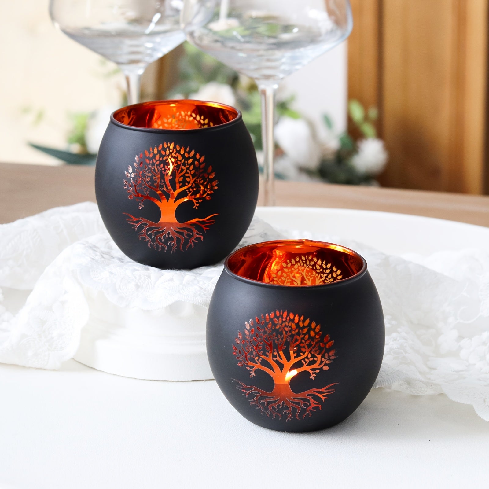 Tree of Life Glass Candle Holders, Set of 2 