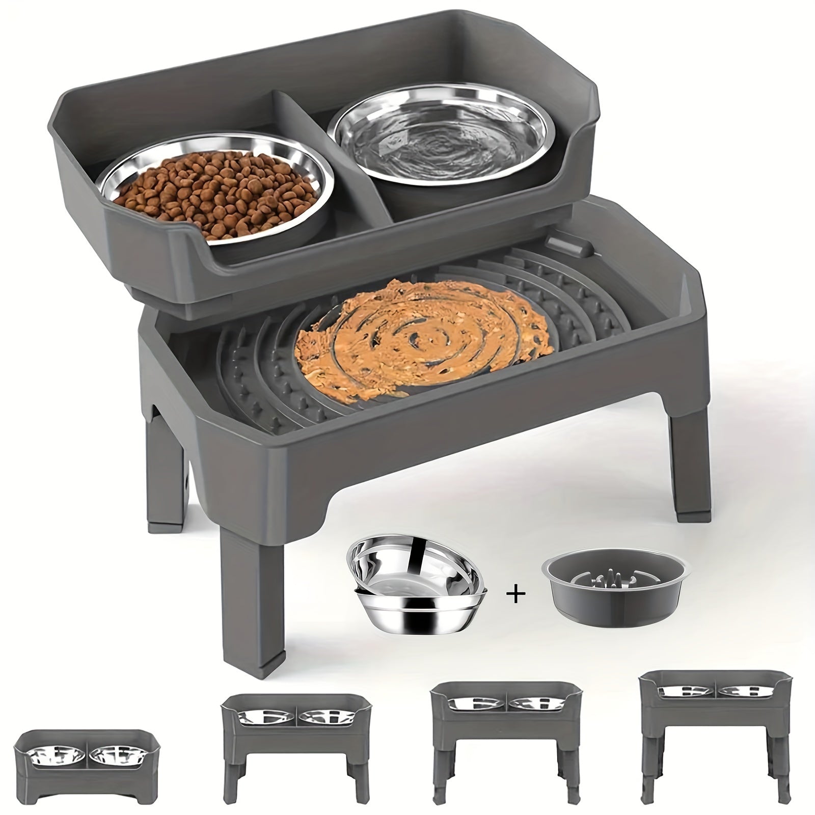 Comedero Elevado Ajustable 4 en 1 para Perros con Platos Acero Inoxidable