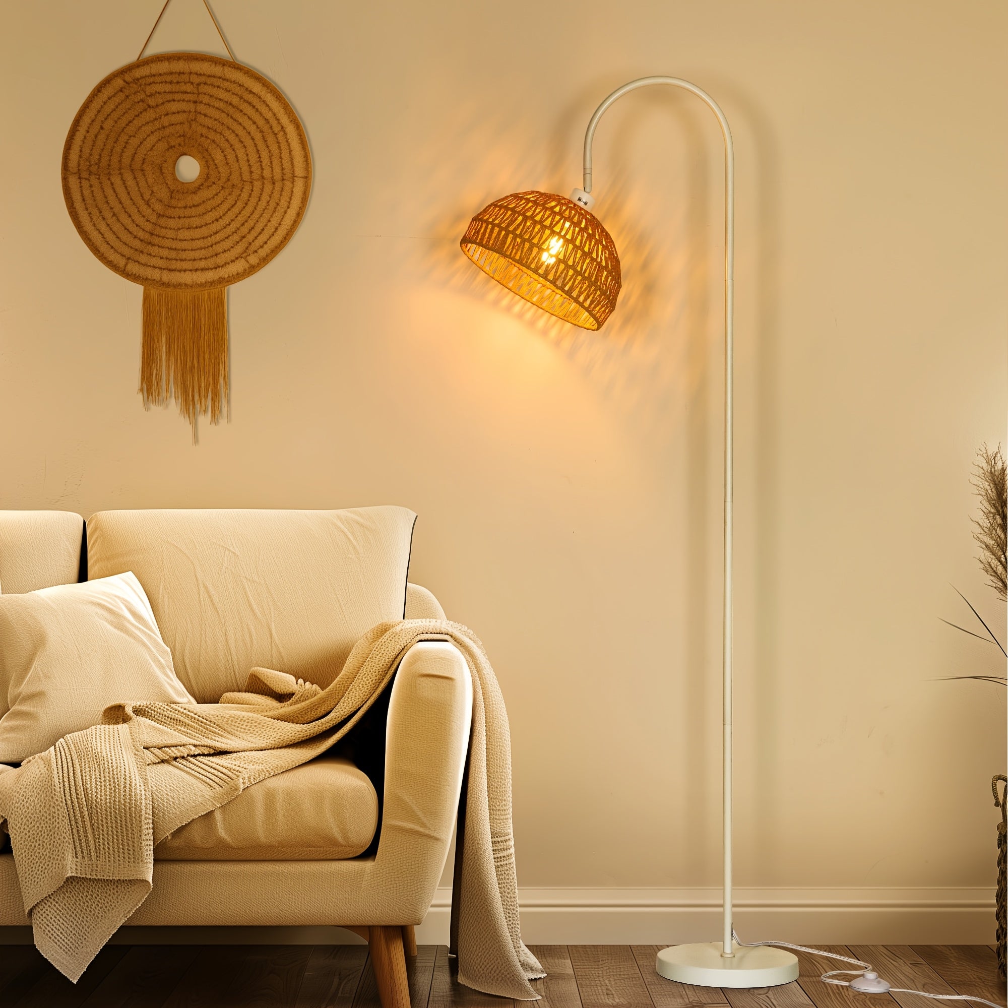 Lámpara de Pie Boho con Pantalla de Ratán Natural