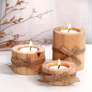 Rustic Wooden Candle Holders - Set of 3 Pine Candlesticks 