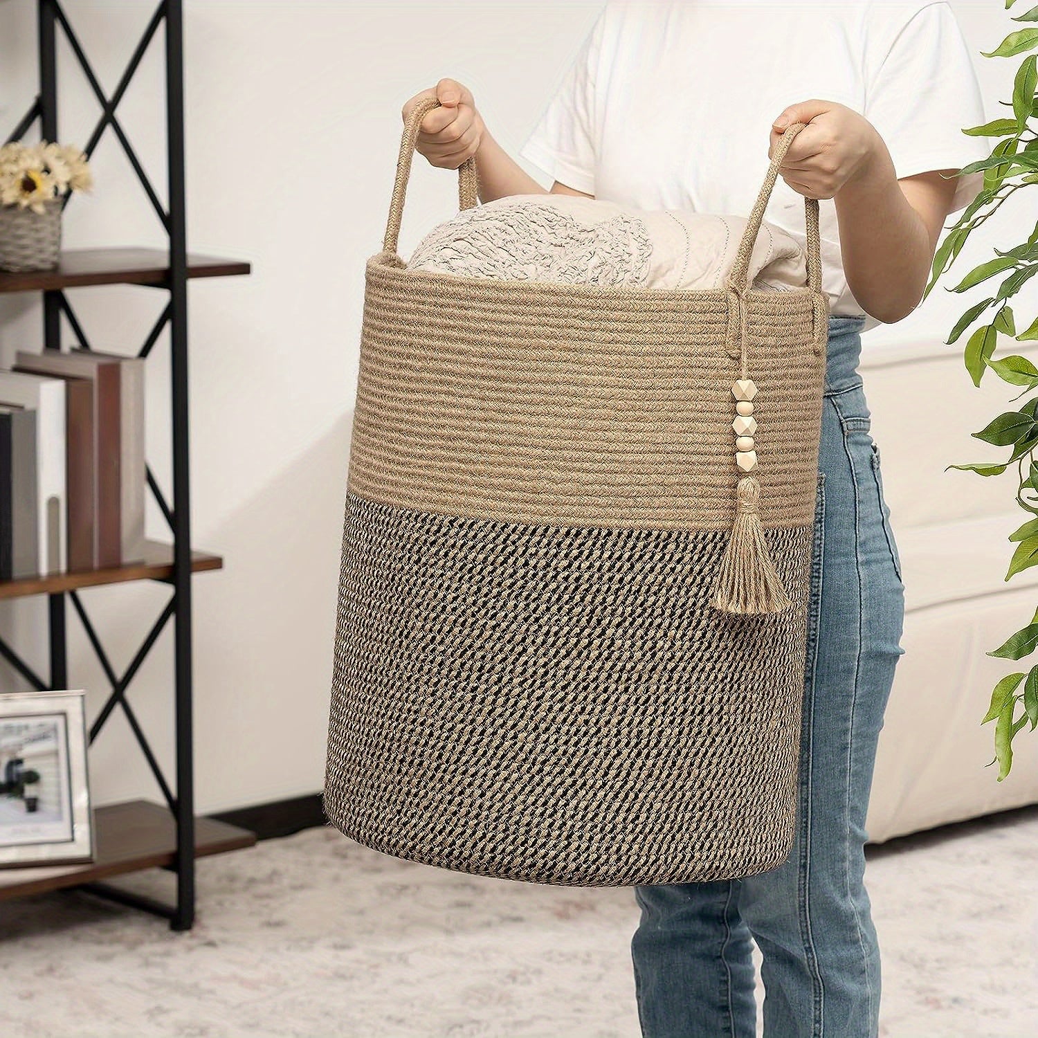Foldable storage basket with beige and black handles 