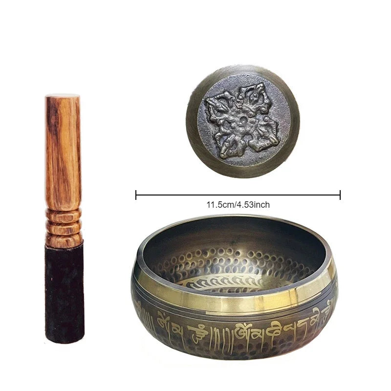 Tibetan meditation bowls engraved with a leather stick 