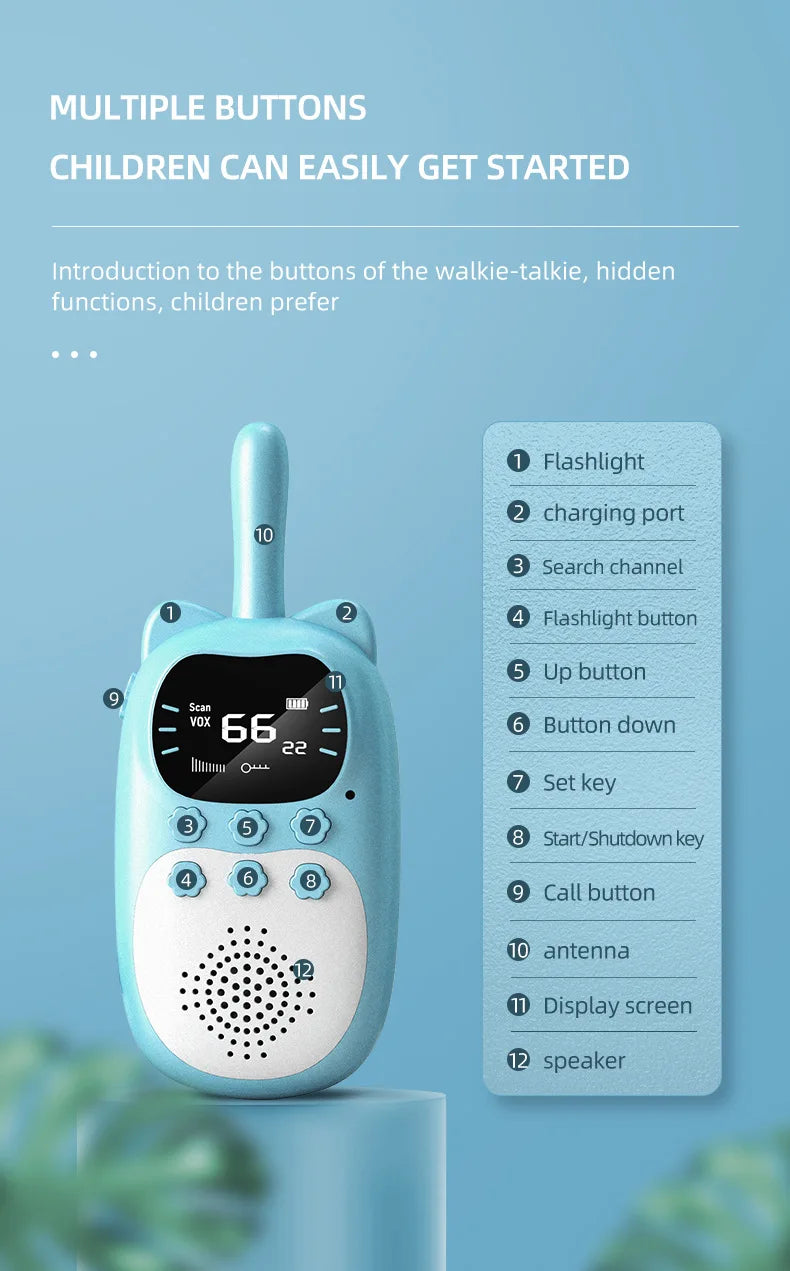 Rechargeable walkie-talkie for children, 2-pack (blue and pink) 