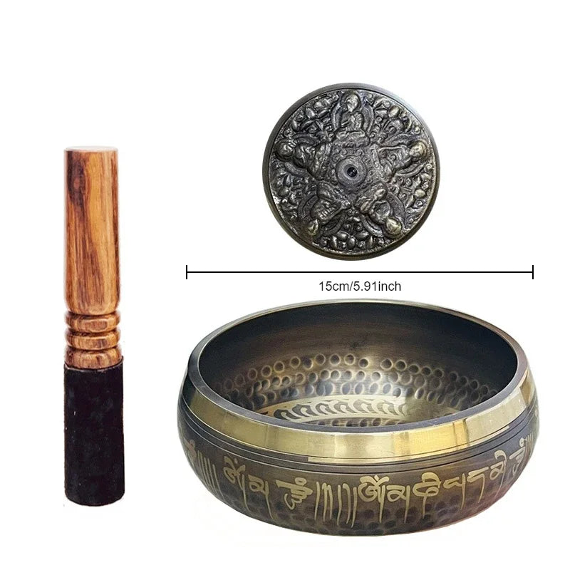 Tibetan meditation bowls engraved with a leather stick 