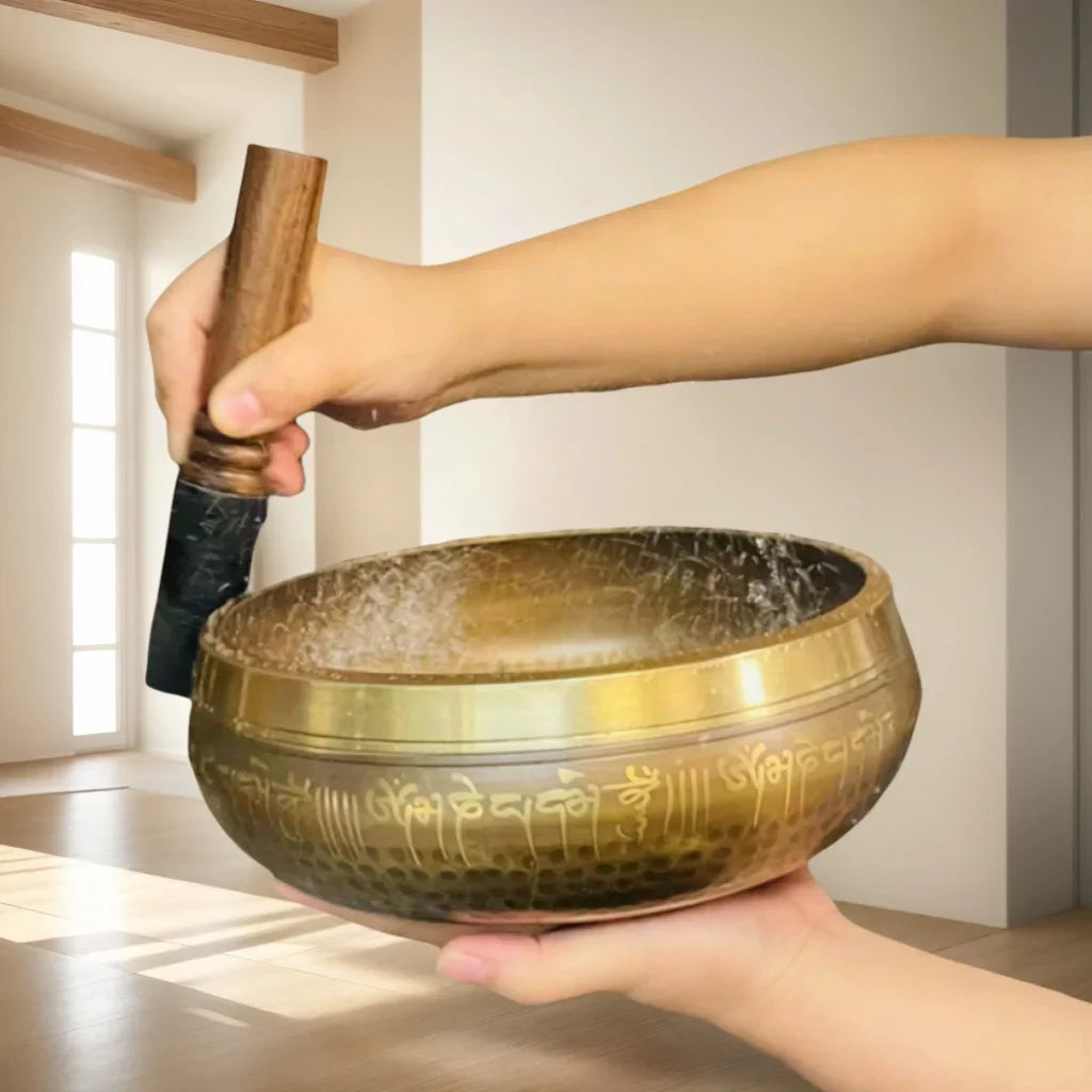 Tibetan meditation bowls engraved with a leather stick 