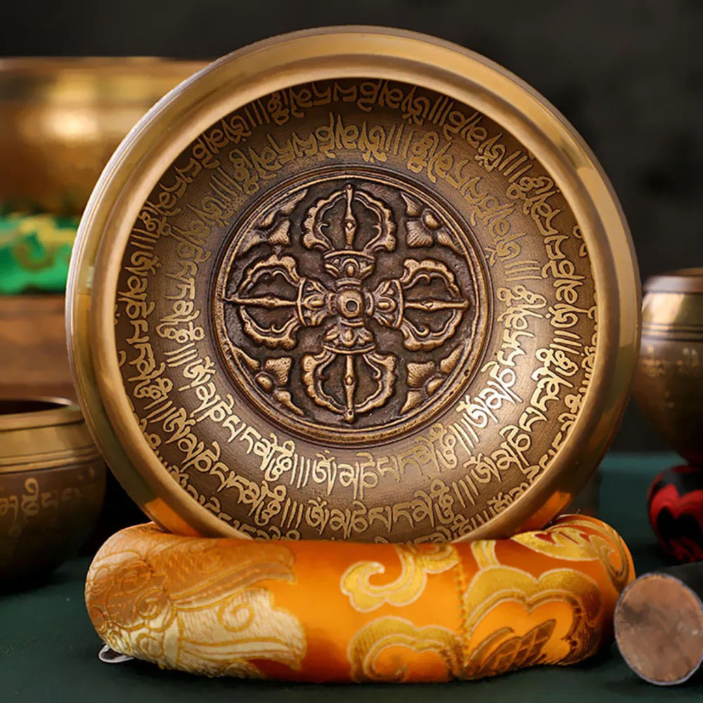 Set of copper Tibetan singing bowls for meditation and yoga 