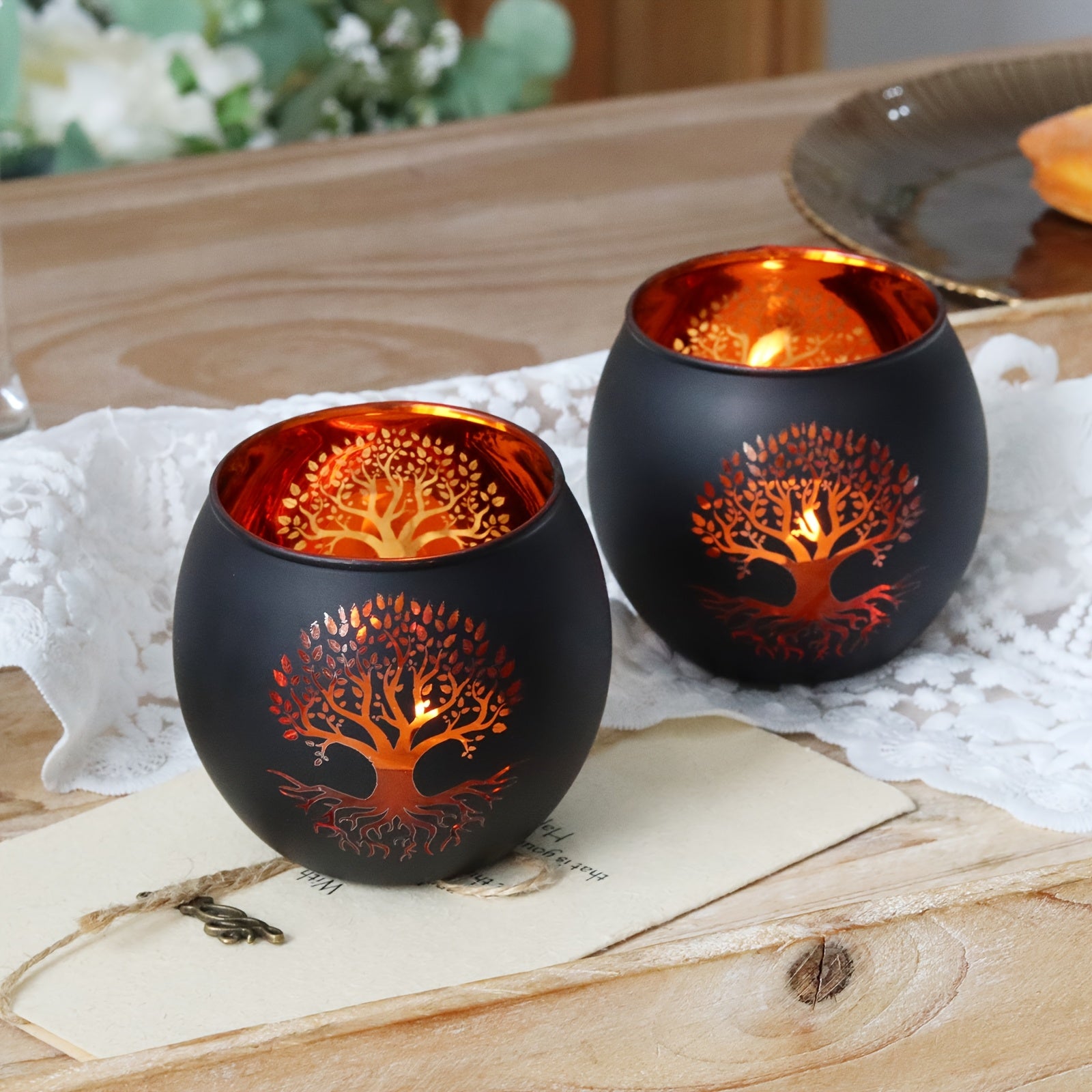 Tree of Life Glass Candle Holders, Set of 2 