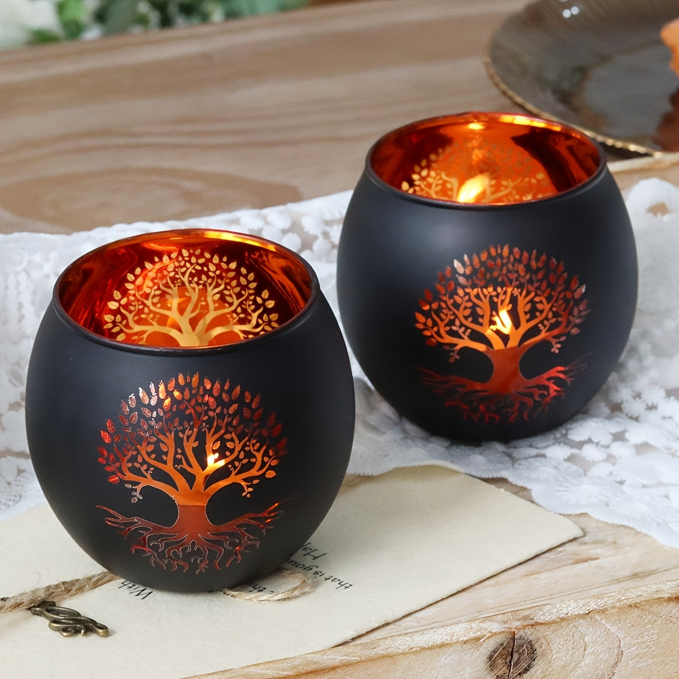 Tree of Life Glass Candle Holders, Set of 2 