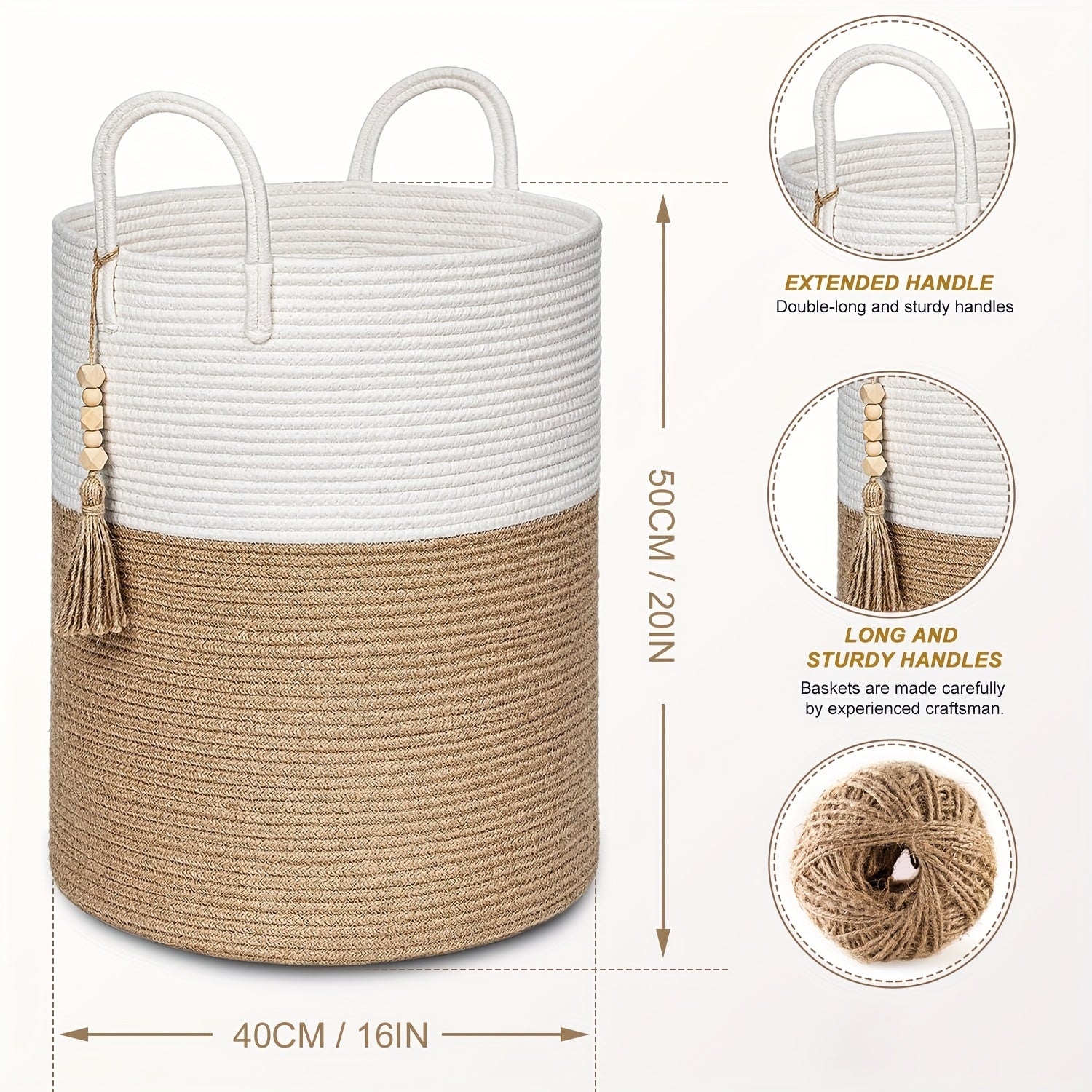 Foldable storage basket with beige and black handles 