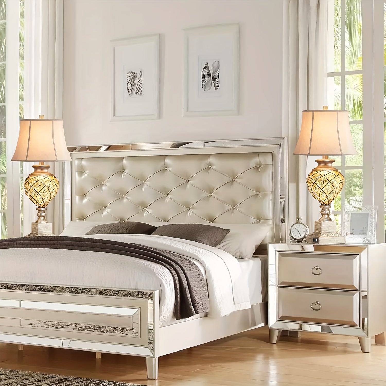 Set de 2 Pantallas de Mesa Estilo Rústico Francés, Vidrio Plateado