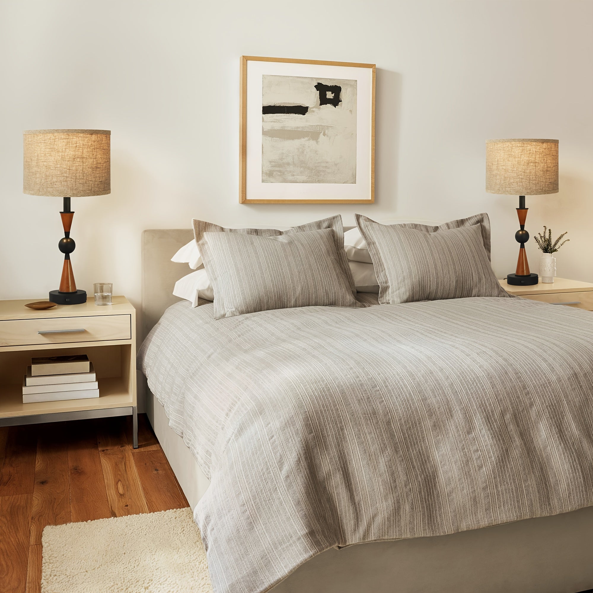 Lámpara de Mesa Doble USB-C y USB-A con Pantalla de Lino