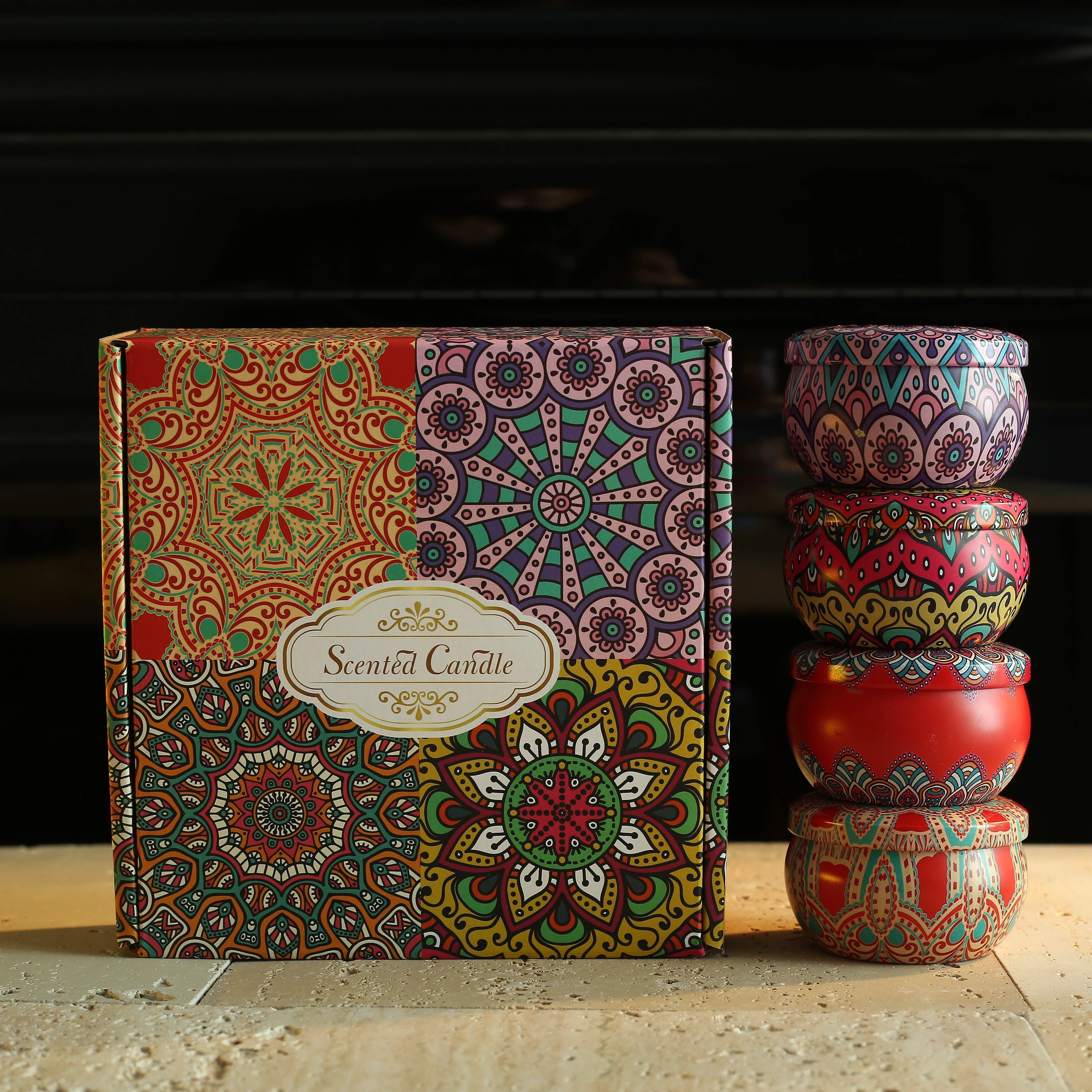 Bohemian Scented Candle Set with Mandala Design 