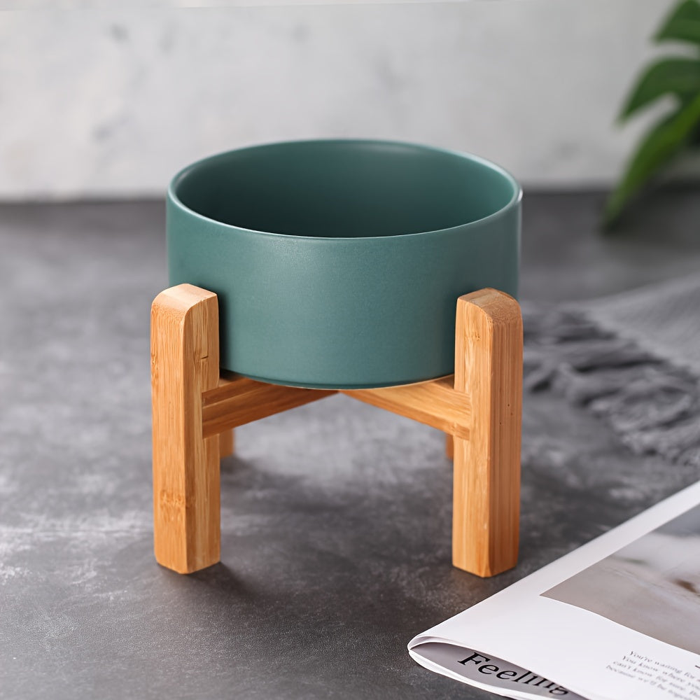 Elevated Ceramic Pet Bowl with Wooden Stand 