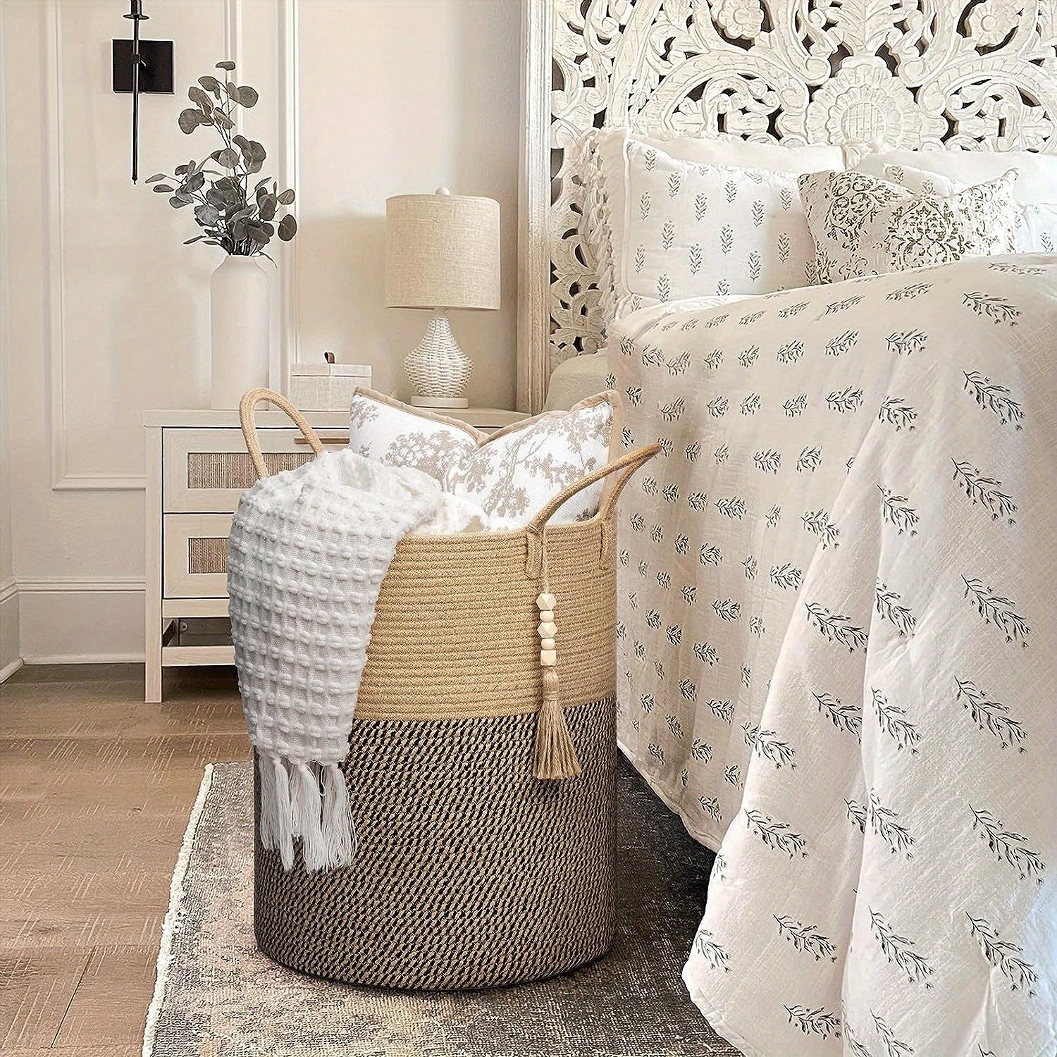 Foldable storage basket with beige and black handles 