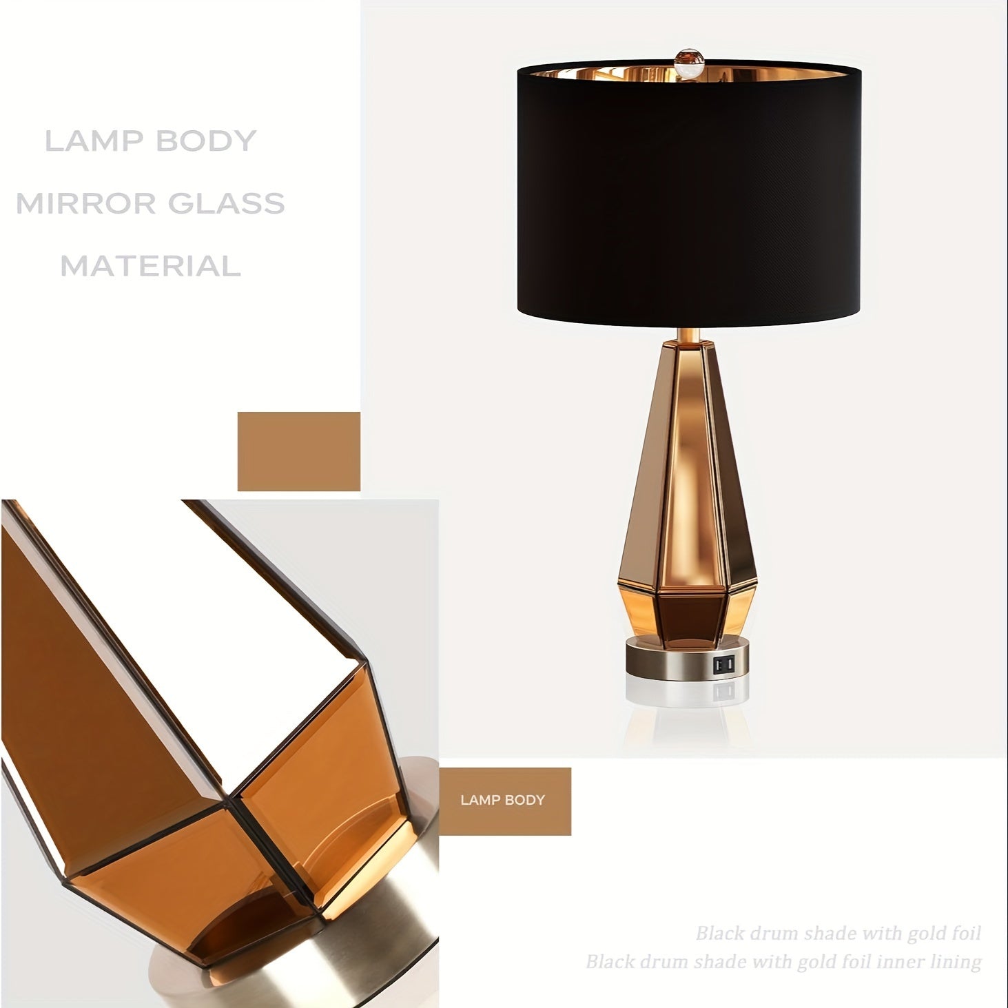 Set de 2 Lámparas de Mesa con USB y Pantalla de Tela Negra